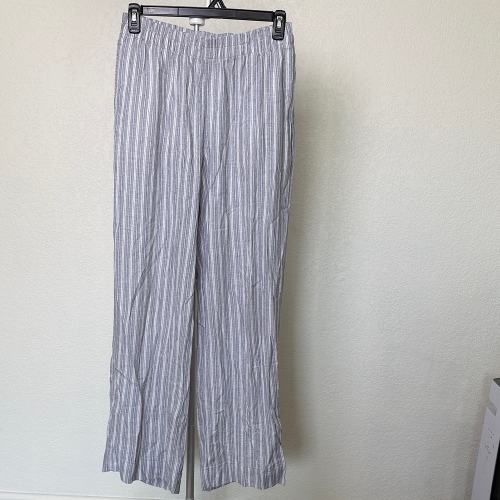 Old Navy Women’s Linen Gray and White Striped Elastic-Waist Wide Leg Pants